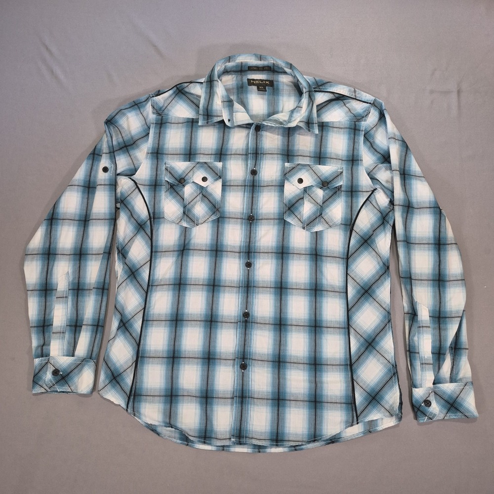 EUC Helix Men's Long Sleeve Button Down Shirt‎ Color Blue Plaid Size XL Pockets